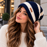 Bonnet Rayé Femme - Tricoté Ample Chaud Automne Hiver