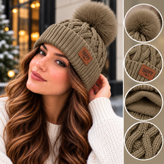 Bonnet Pompon Femme - Tricoté Épais Chaud Fausse Fourrure Hiver