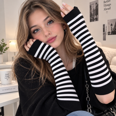 Mitaines Longues Rayées Femme - Manchettes Chauffe-Bras Coton Mi-Saison