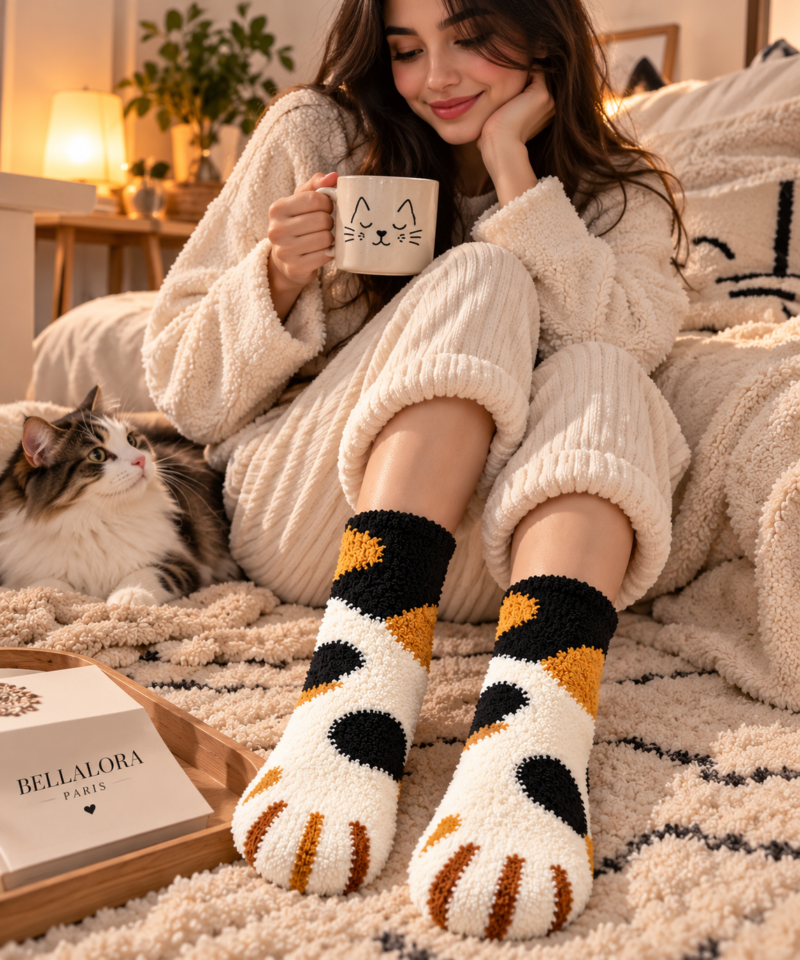 Chaussettes Minou – pattes de chat en velours corail
