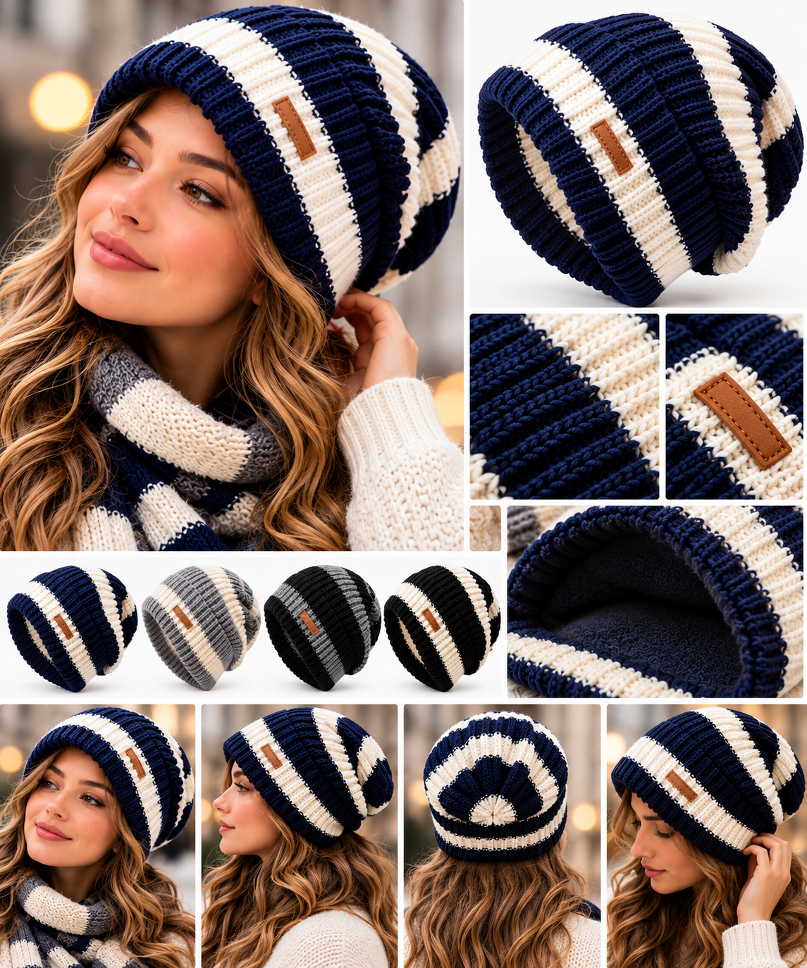 Bonnet Rayé Femme - Tricoté Ample Chaud Automne Hiver
