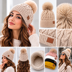 Bonnet Pompon Femme - Tricoté Épais Chaud Fausse Fourrure Hiver