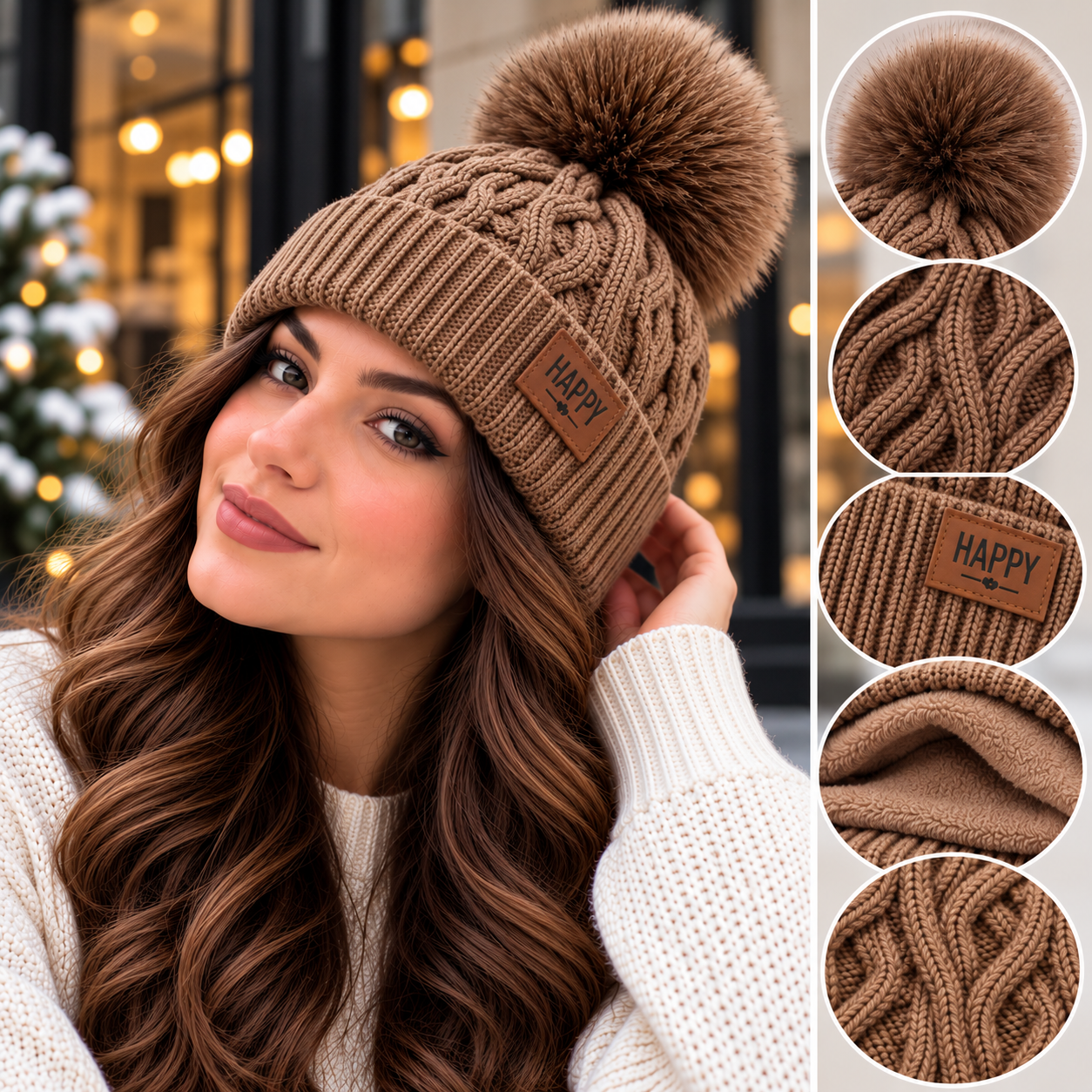 Bonnet Pompon Femme - Tricoté Épais Chaud Fausse Fourrure Hiver