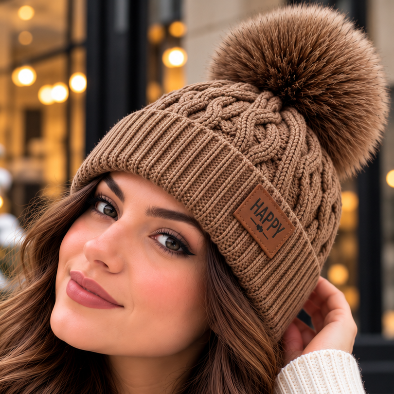 Bonnet Pompon Femme - Tricoté Épais Chaud Fausse Fourrure Hiver