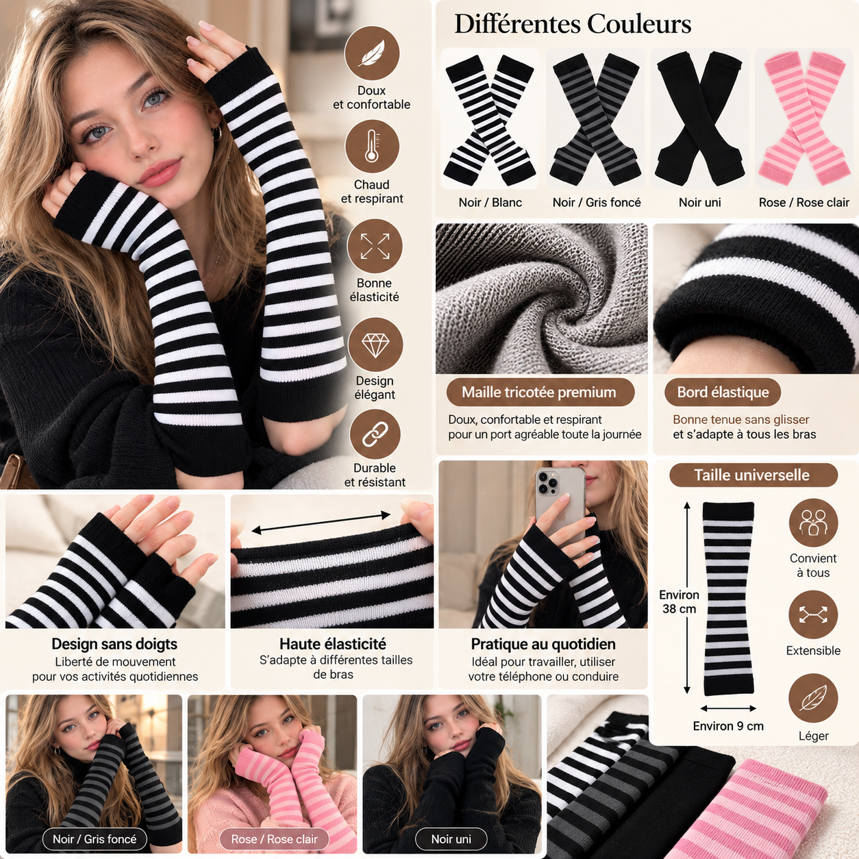 Mitaines Longues Rayées Femme - Manchettes Chauffe-Bras Coton Mi-Saison