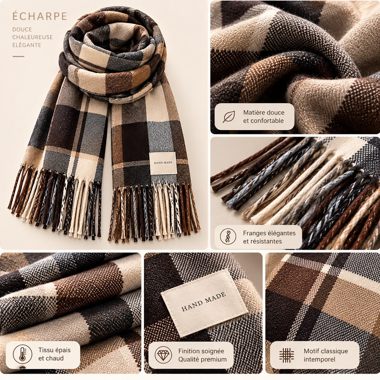 Écharpe Écossaise Femme - Châle à Franges Chaud Automne Hiver