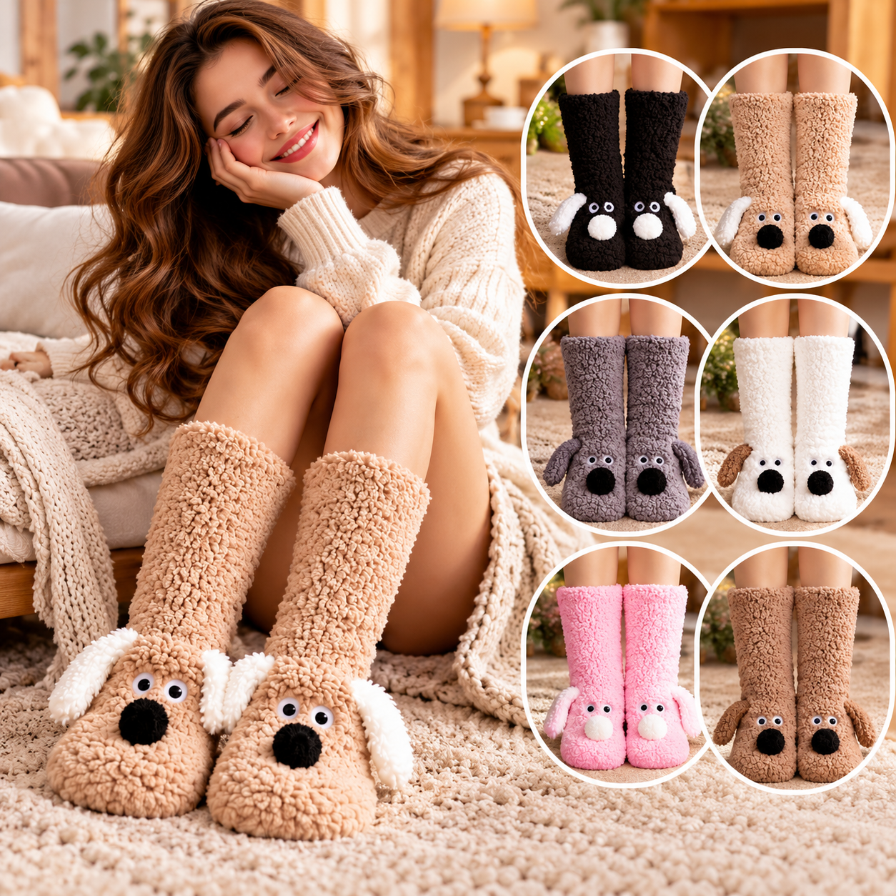 Chaussettes Toutou Femme - Pantoufles Douces en Peluche Antidérapantes Hiver