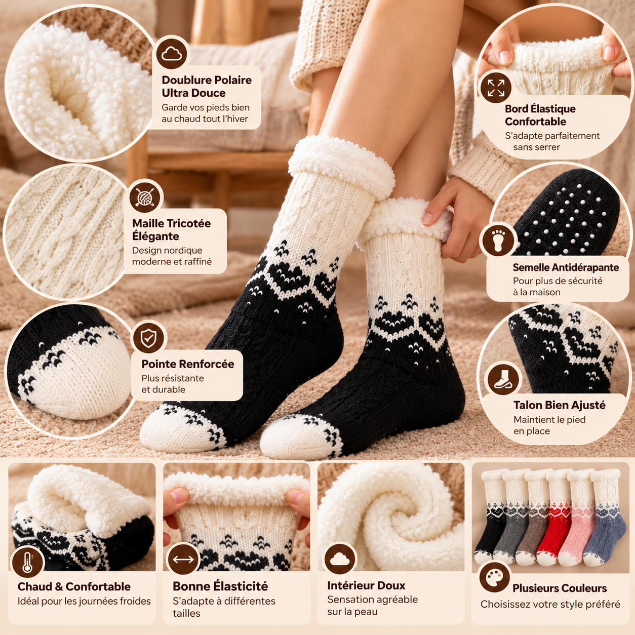 Chaussettes Cocooning Cœur Femme - Doublées Peluche Antidérapantes Hiver