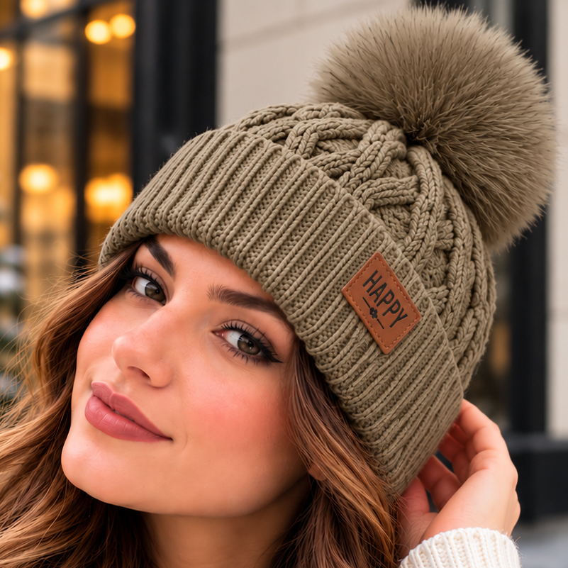 Bonnet Pompon Femme - Tricoté Épais Chaud Fausse Fourrure Hiver