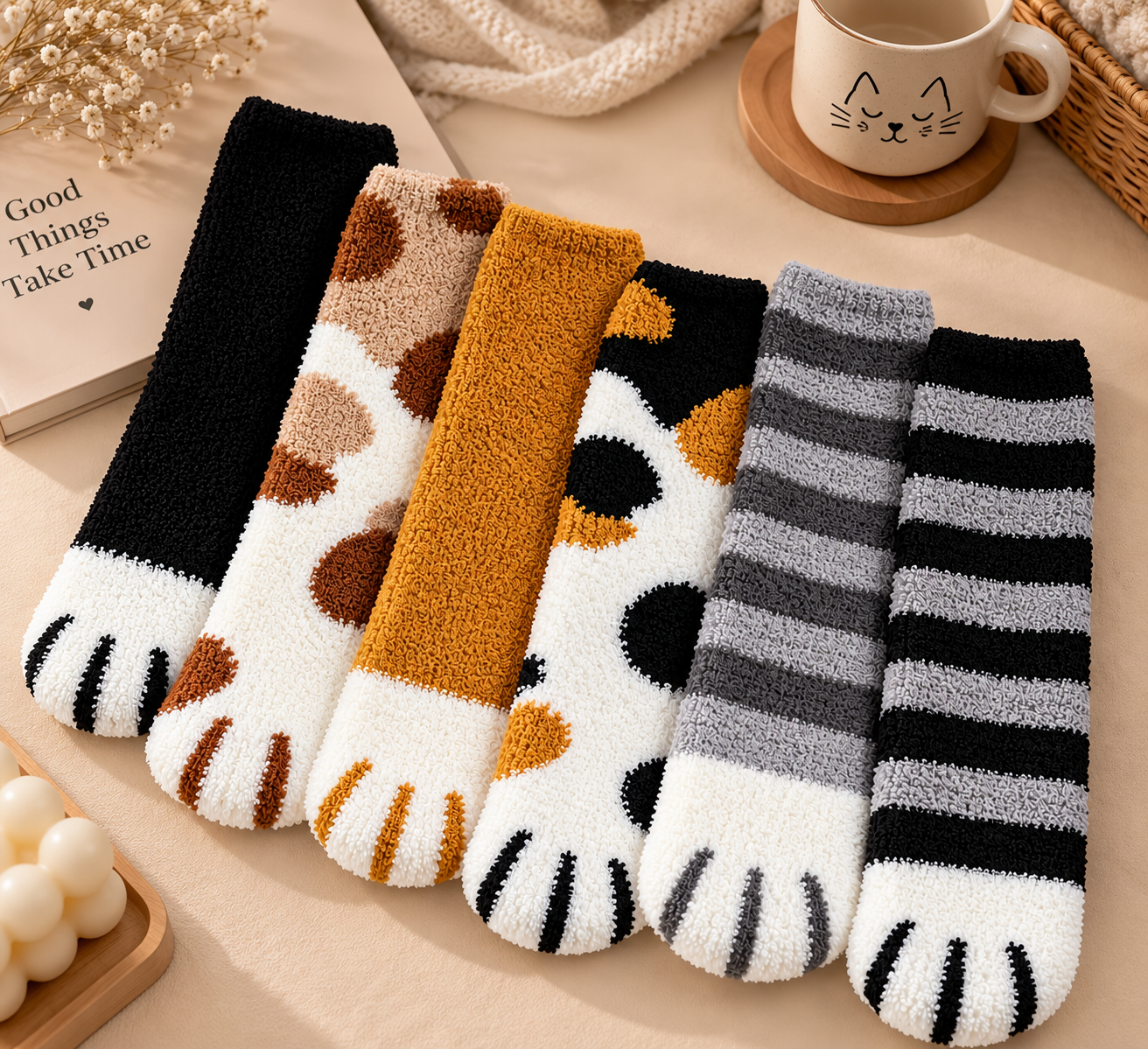Chaussettes Minou – pattes de chat en velours corail