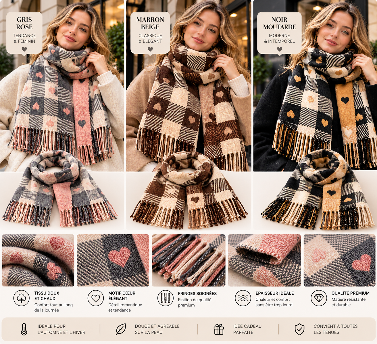 Écharpe Cœur Femme - Grand Châle Épais à Carreaux Hiver