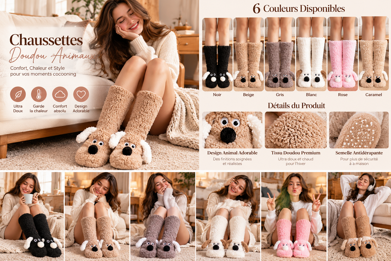 Chaussettes Toutou Femme - Pantoufles Douces en Peluche Antidérapantes Hiver