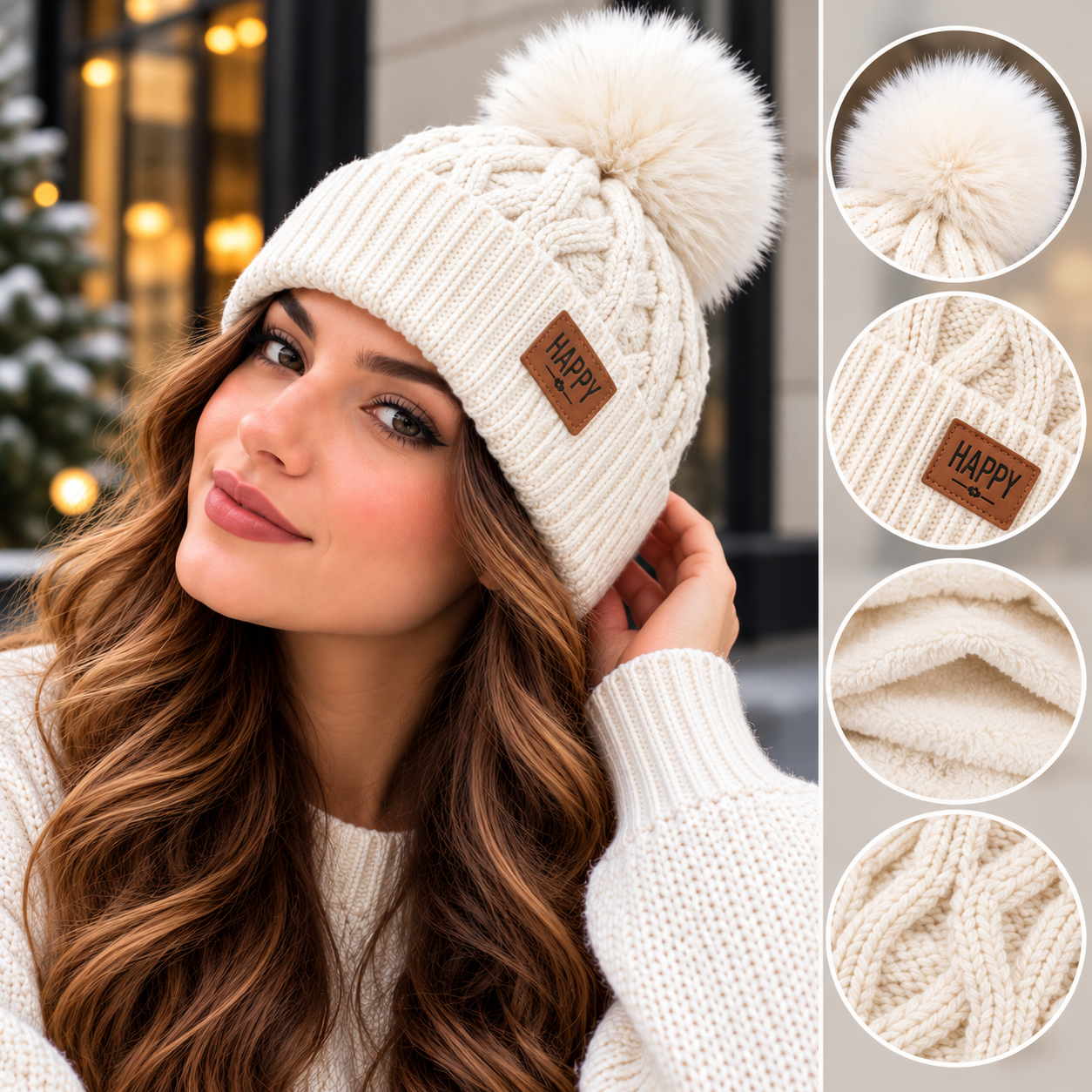 Bonnet Pompon Femme - Tricoté Épais Chaud Fausse Fourrure Hiver