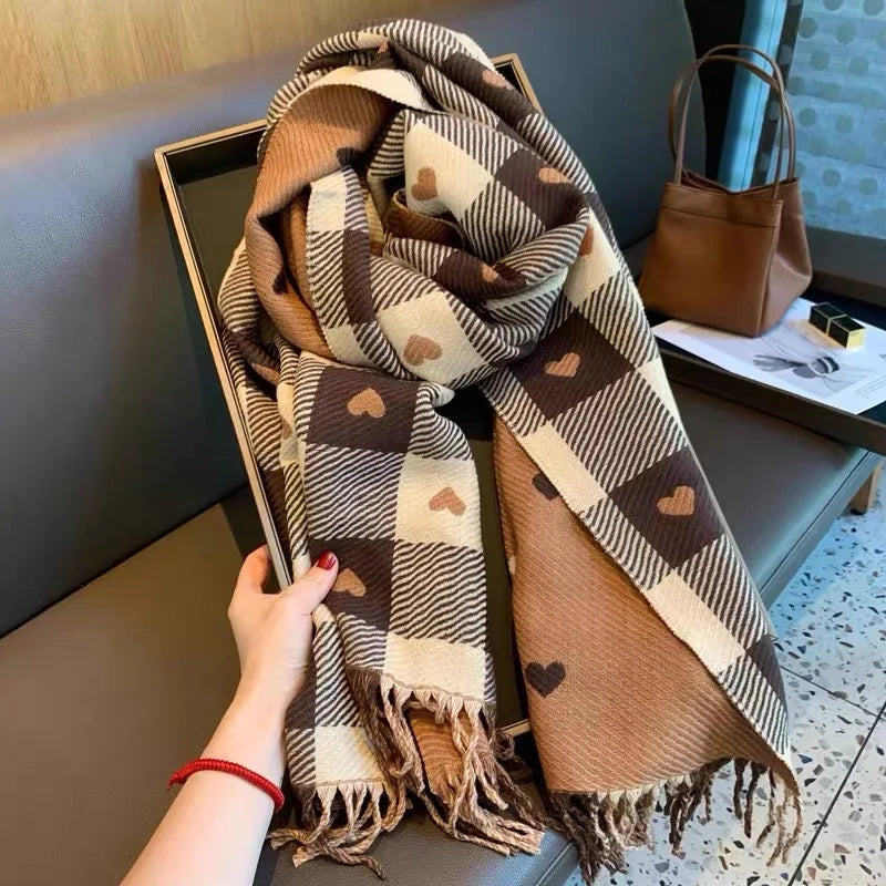 Écharpe Cœur Femme - Grand Châle Épais à Carreaux Hiver