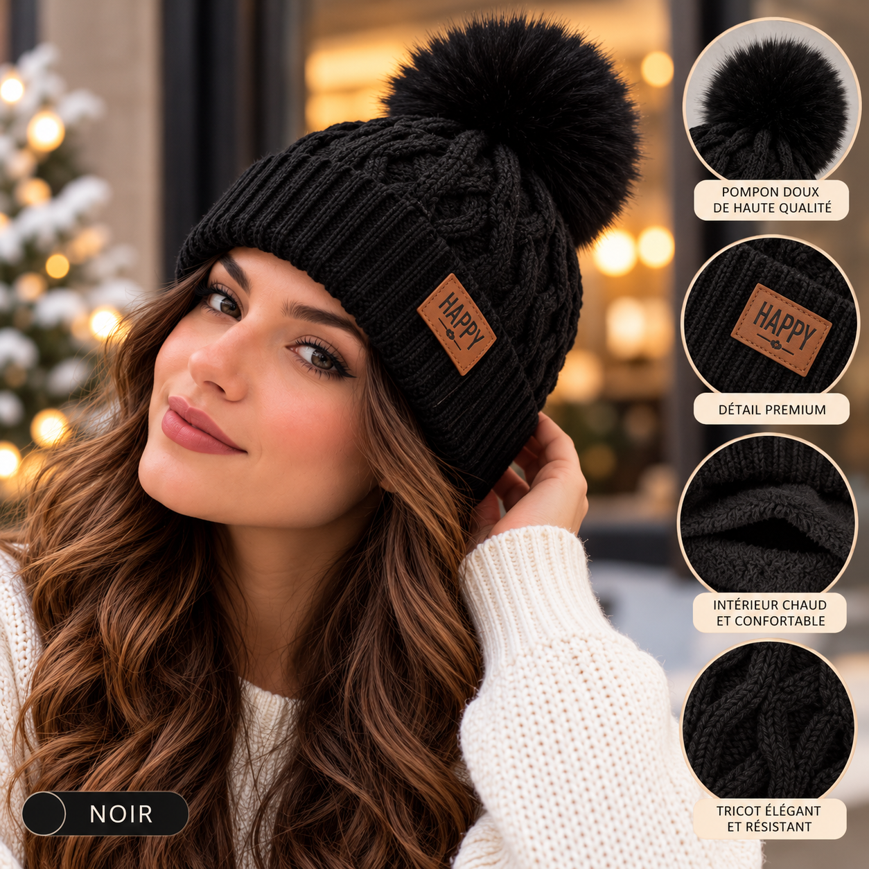 Bonnet Pompon Femme - Tricoté Épais Chaud Fausse Fourrure Hiver