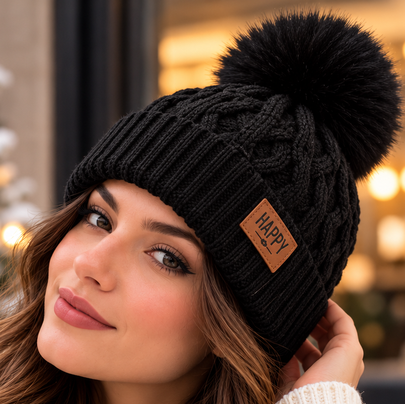 Bonnet Pompon Femme - Tricoté Épais Chaud Fausse Fourrure Hiver