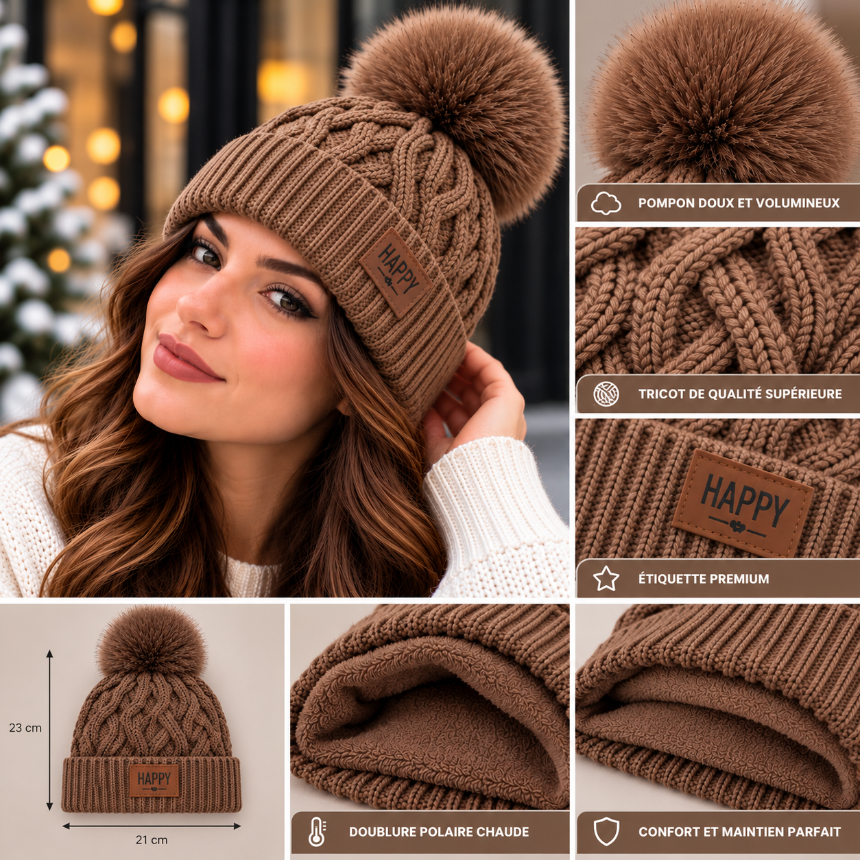 Bonnet Pompon Femme - Tricoté Épais Chaud Fausse Fourrure Hiver