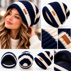 Bonnet Rayé Femme - Tricoté Ample Chaud Automne Hiver