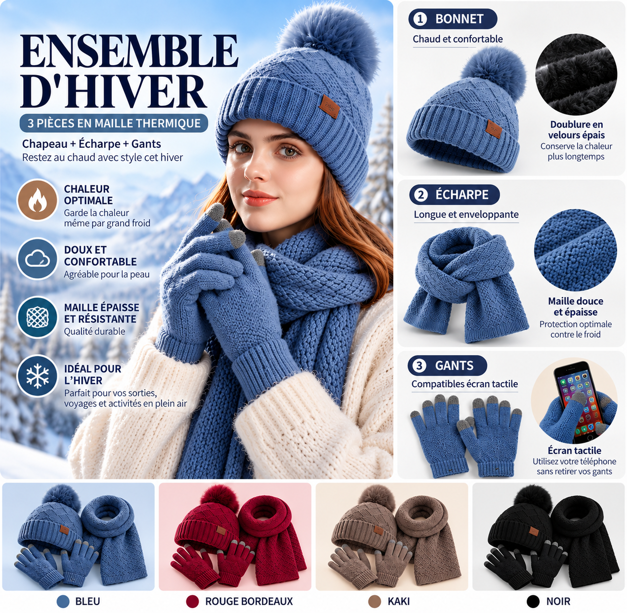 Ensemble Shita Femme 3 Pièces - Bonnet, Écharpe, Gants Polaire