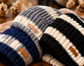 Bonnet Rayé Femme - Tricoté Ample Chaud Automne Hiver