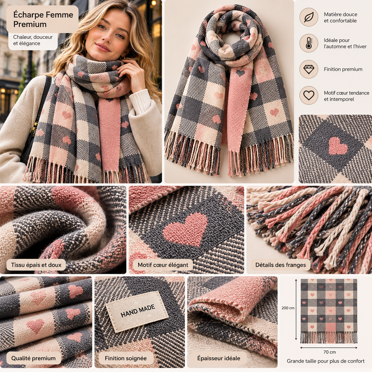Écharpe Cœur Femme - Grand Châle Épais à Carreaux Hiver