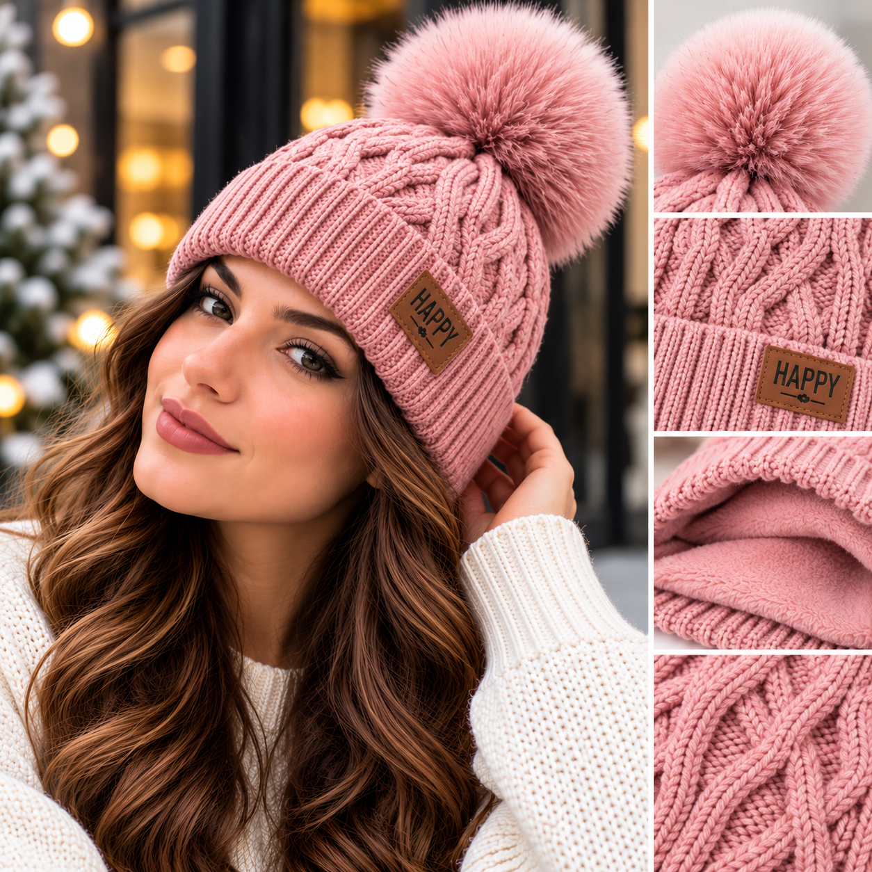 Bonnet Pompon Femme - Tricoté Épais Chaud Fausse Fourrure Hiver