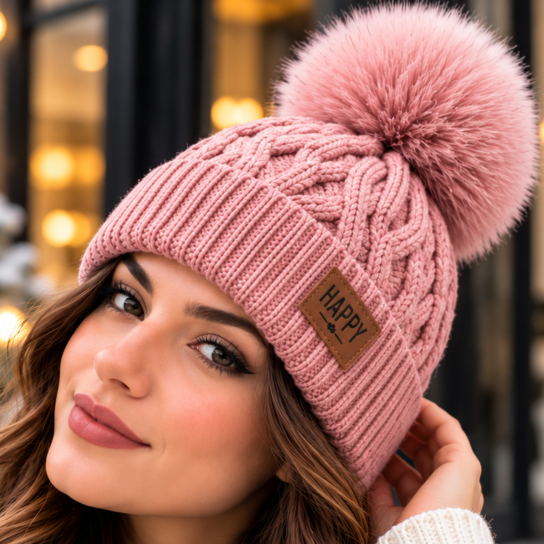 Bonnet Pompon Femme - Tricoté Épais Chaud Fausse Fourrure Hiver
