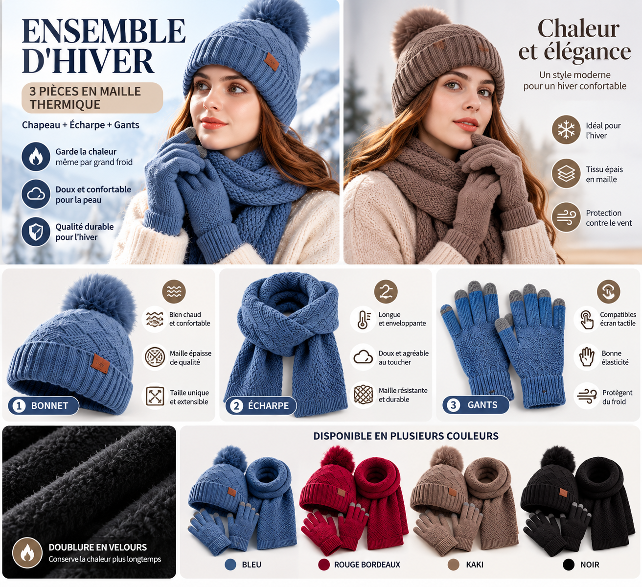 Ensemble Shita Femme 3 Pièces - Bonnet, Écharpe, Gants Polaire