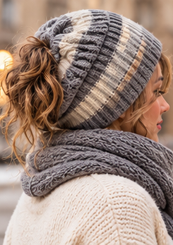 Bonnet Rayé Femme - Tricoté Ample Chaud Automne Hiver