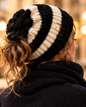 Bonnet Rayé Femme - Tricoté Ample Chaud Automne Hiver