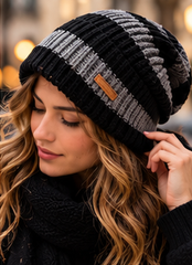 Bonnet Rayé Femme - Tricoté Ample Chaud Automne Hiver